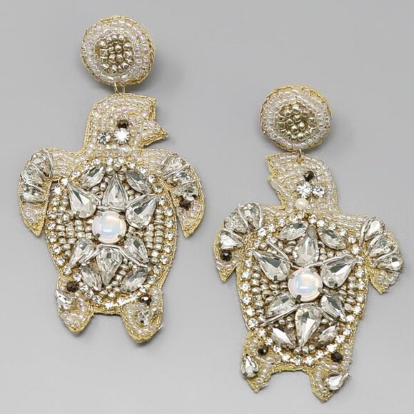 Crystal Rhinestone Beaded Sea Turtle Beach Theme Bling Sparkle Earrings NEW - Picture 1 of 1